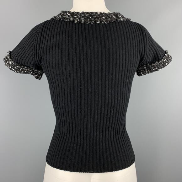 CAROLINA HERRERA Size 6 Black Wool Blend Gray Trim Short Sleeve Button Pullover - Picture 5 of 6